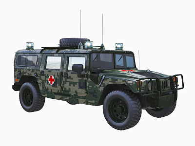 Camouflage Off Road Functional Vehicle With Red Cross Symbol Roof Spare Tire And Antennas 3d model