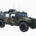 Camouflage Off Road Functional Vehicle With Red Cross Symbol Roof Spare Tire And Antennas