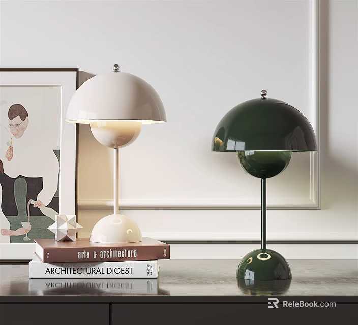 White And Green Dome Shaped Table Lamps On Book Stack For Modern Home Decor 3d model 