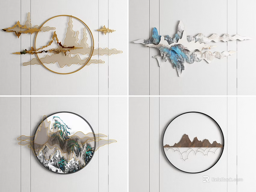 Artistic Wall Decor With Circular Design Mountain Patterns And Crane Elements 3d model