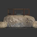 Garden Ornament With Stone Base Hexagonal Wooden Fence And Circular Well Opening