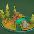 Cartoon Island Scene With Pine Trees Wooden Cabin Green Water Rocks And Wooden Fence