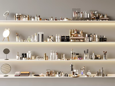 Stylish Perfumes and Cosmetics Display With Various Bottles Jars and Makeup Items On White Shelves 3d model