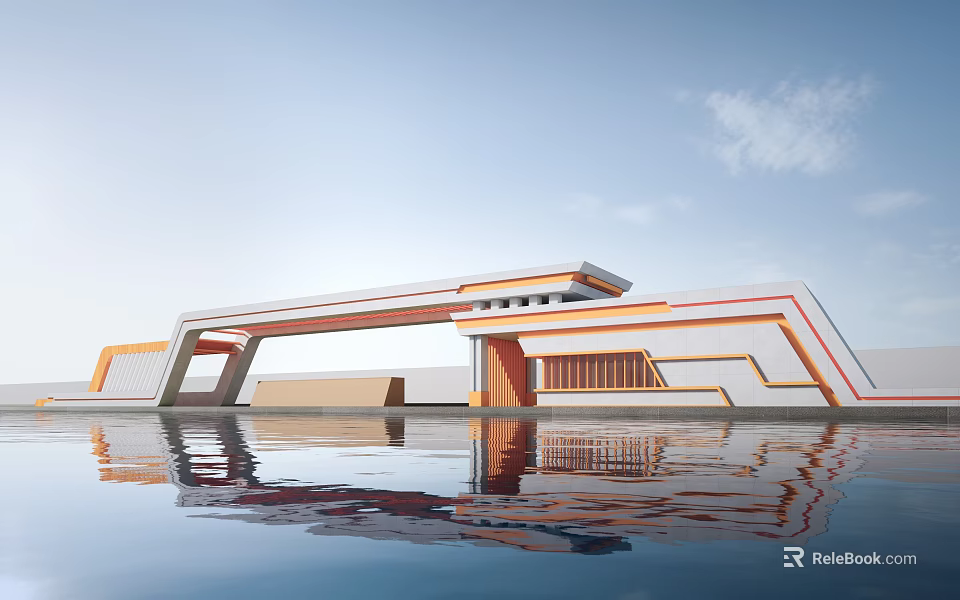 Modern Geometric Main Gate Design With Reflective Water Pool Feature 3d model