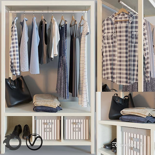 Organized Clothes in Wardrobe Interior with Hanging Shirts Dresses Plaid Garments Folded Items and Shoes 3d model 