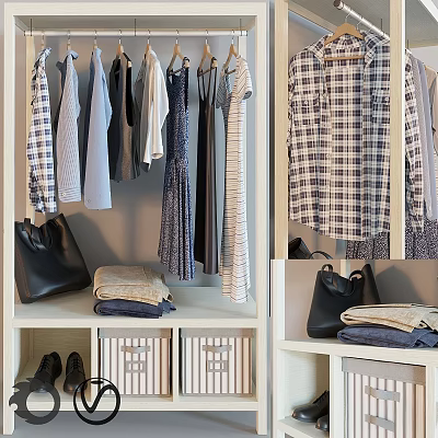 Organized Clothes in Wardrobe Interior with Hanging Shirts Dresses Plaid Garments Folded Items and Shoes 3d model
