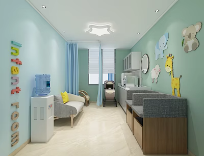 Infant Room With Light Blue Walls Cartoon Animal Decor Changing Table Water Dispenser And Sofa 3d model