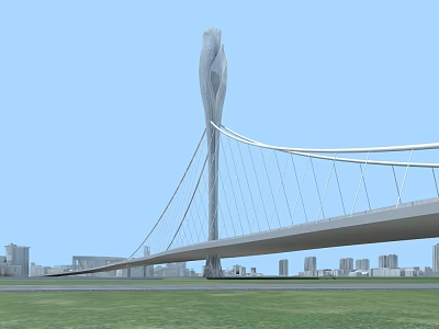 Modern Cable Stayed Bridge With Unique Tower Design And City Grassland Background 3d model