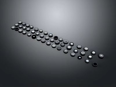 Round Black and Silver Automotive Parts Various Sizes Irregular Curved Arrangement Gray Background 3d model