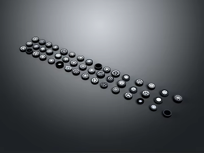 Round Black and Silver Automotive Parts Various Sizes Irregular Curved Arrangement Gray Background 3d model