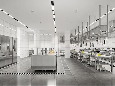 Sleek Commercial Kitchen Interior With Stainless Steel Workstation Hanging Utensils And Tiled Walls 3d model