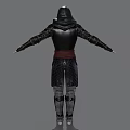 Medieval Hooded Man In Black Armored Outfit With Red Belt And Outstretched Arms