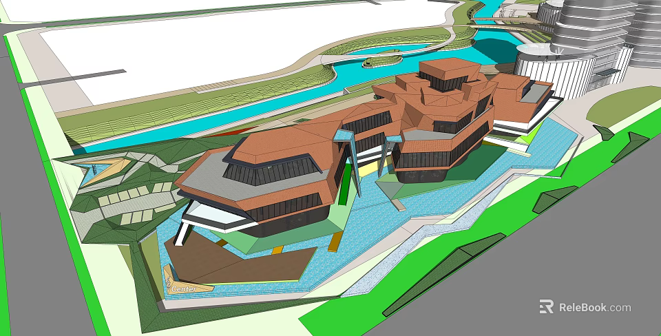 Modern Architectural Complex 3D Model with Water Bodies and Green Areas 3d model 