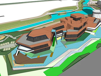 Modern Architectural Complex 3D Model with Water Bodies and Green Areas 3d model