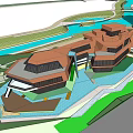 Modern Architectural Complex 3D Model with Water Bodies and Green Areas