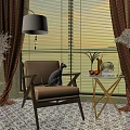 Beige Accent Chair with Wooden Armrests and Cat by Side Table with Oranges Near Blinds