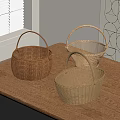Three Woven Storage Baskets Placed On Wooden Table With Window And Geometric Wall