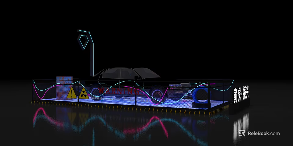 Neon Lit Vehicle Display Platform With Warning Signs And Reflective Surface 3d model 