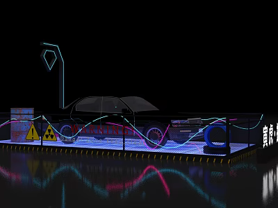 Neon Lit Vehicle Display Platform With Warning Signs And Reflective Surface 3d model