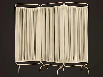 Medical Three Panel Wheeled Screen With Metal Frame And White Curtains 3d model