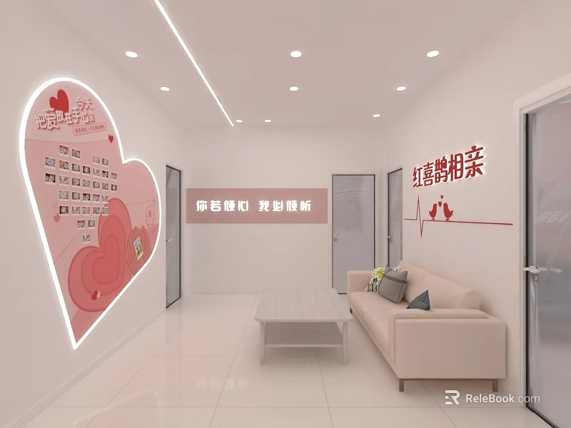 Modern Office Interior With Heart Shaped Decorative Wall Sofa Coffee Table And Slogans 3d model 