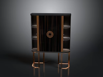 Modern Black And Gold Cabinet With Shelves Circular Ornament And Golden Legs 3d model