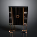 Modern Black And Gold Cabinet With Shelves Circular Ornament And Golden Legs