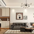Modern Cozy Living And Dining Room With Dark Wood Furniture And Soft Warm Indoor Lighting