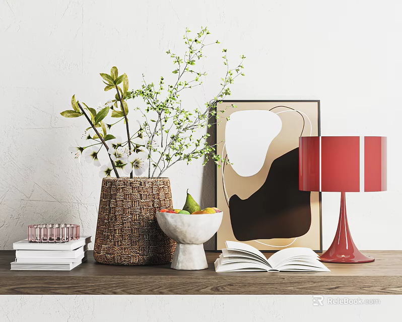 Ornamental Decor Set With Greenery Vase Abstract Art Red Table Lamp Books And Fruit Bowl 3d model 