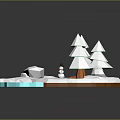 Snowy Natural Scene With Pine Trees Small Snowman Rocks And Blue Water Area