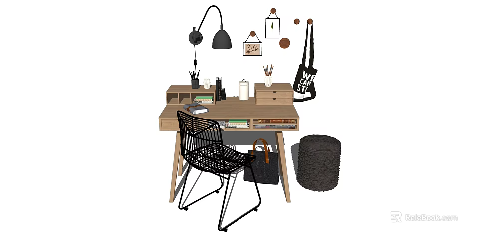 Modern Wooden Desk With Black Lamp Stationery Chair And Canvas Bag 3d model 