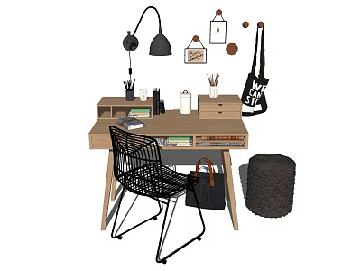 Modern Wooden Desk With Black Lamp Stationery Chair And Canvas Bag 3d model
