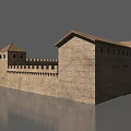 Ancient Style Square Fortress Structure With Encircling Walls And Tiled Roofs