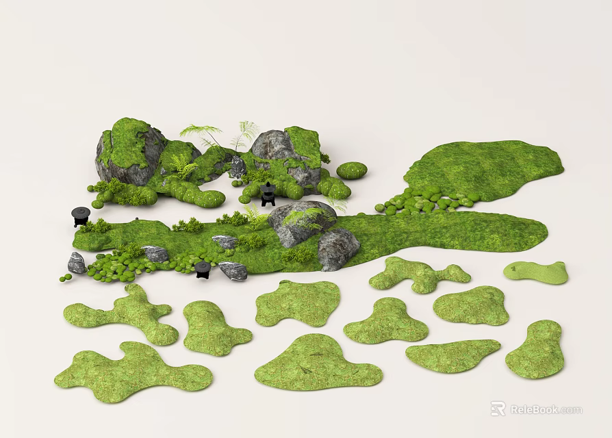 Courtyard Garden Design With Various Shaped Green Grass Patches And Moss Covered Rocks 3d model 