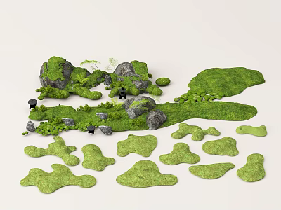 Courtyard Garden Design With Various Shaped Green Grass Patches And Moss Covered Rocks 3d model