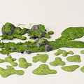 Courtyard Garden Design With Various Shaped Green Grass Patches And Moss Covered Rocks