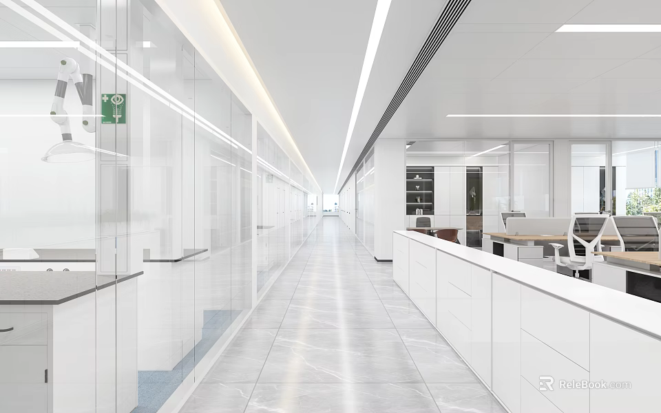 Modern Laboratory With Long Corridor Glass Partitions White Benches Cabinets And Bright Workspace 3d model 