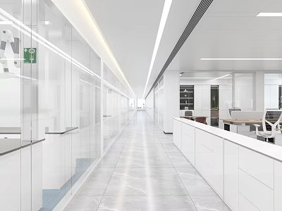 Modern Laboratory With Long Corridor Glass Partitions White Benches Cabinets And Bright Workspace 3d model