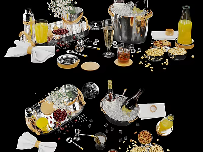 Elegant Wine Serving Setup With Wine Bottles Wine Glasses Ice Fruits And Cocktail Tools 3d model
