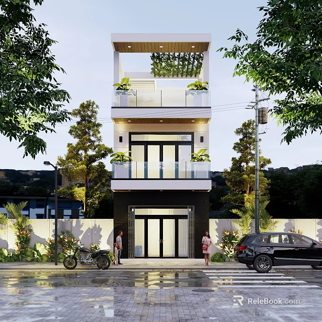 Modern Detached Villa Exterior Design With Balconies Greenery Landscaping And Driveway 3d model 