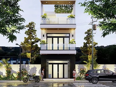 Modern Detached Villa Exterior Design With Balconies Greenery Landscaping And Driveway 3d model
