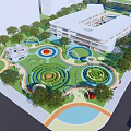 Vibrant Children's Playground With Green Lawns Circular Play Structures Slides Colorful Paths And Trees