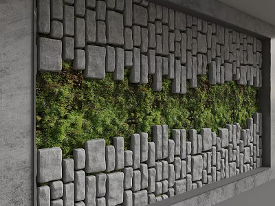 Textured Gray Stone Accent Wall With Central Green Plant Section Design 3d model
