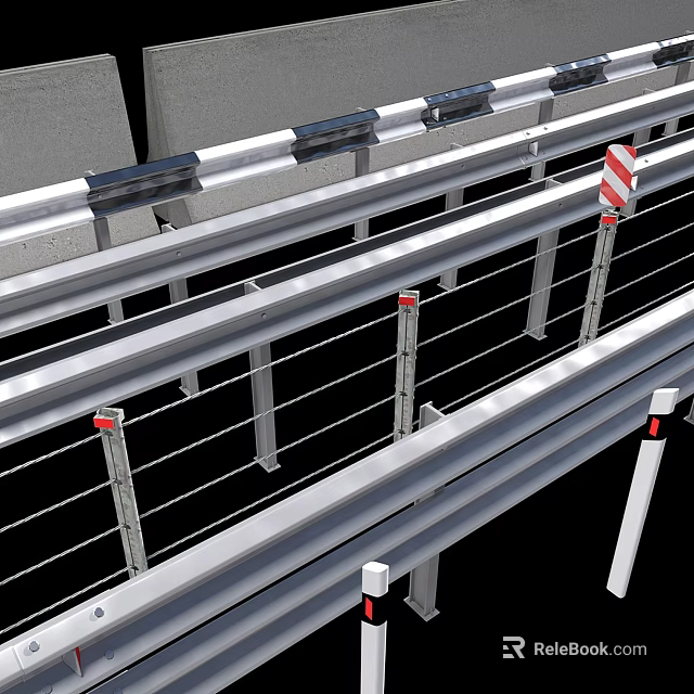 Metal Guardrails With Multiple Horizontal Bars Vertical Posts And Red White Striped Reflectors 3d model 