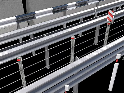 Metal Guardrails With Multiple Horizontal Bars Vertical Posts And Red White Striped Reflectors 3d model