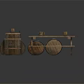 Wooden Outdoor Table With Cups Wheeled Base And Decorative Shields Nearby Wooden Barrel