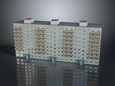 Multi Storey Apartment Building with Light Green Exterior White Frames Balconies Gray Roof and Entrance 3d model