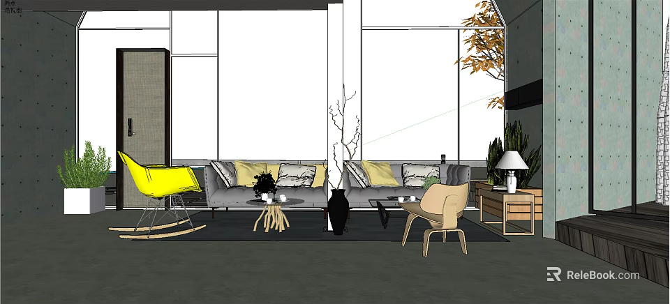 Modern Café Interior With Grey Sofa Yellow Chair And Decorative Plants 3d model 