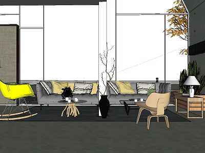 Modern Café Interior With Grey Sofa Yellow Chair And Decorative Plants 3d model