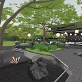 Tranquil Garden Landscape With Modern Pavilion Lush Trees Water Features And Rocks